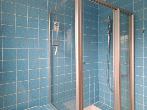 a blue tiled bathroom with a shower and a toilet at Haus mit idyllischem Seeblick in Schalkenmehren