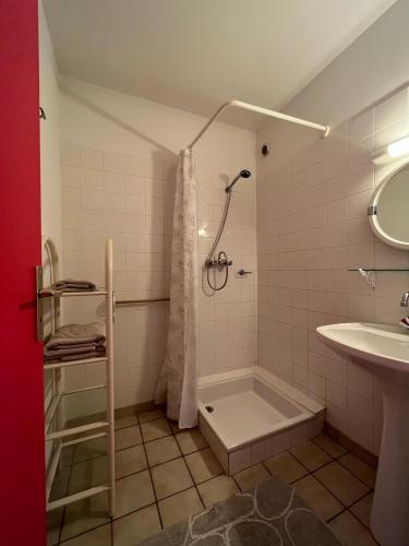 a bathroom with a shower and a sink at Appartement Oz en Oisans in Oz