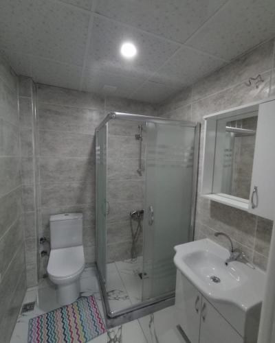 een badkamer met een douche, een toilet en een wastafel bij Antikoglu in Mardin