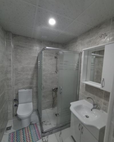 een badkamer met een douche, een toilet en een wastafel bij Antikoglu in Mardin