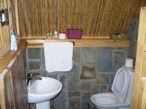 a small bathroom with a sink and a toilet at Rwiza Village in Gitesi