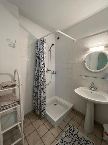 une salle de bain blanche avec un lavabo et une douche dans l'établissement Appartement Oz Village, à Oz