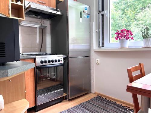 a kitchen with a stove and a refrigerator at Comfy classic apartment in Trakai in Trakai