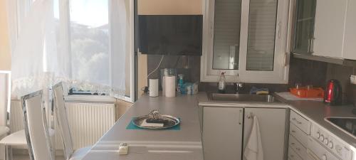 a kitchen with a counter top with a sink and a sink at Billy's apartments in Artemida