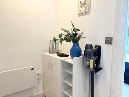 um parquímetro ao lado de um armário branco com um vaso azul em Cosy Apartment Haywards Heath em Haywards Heath