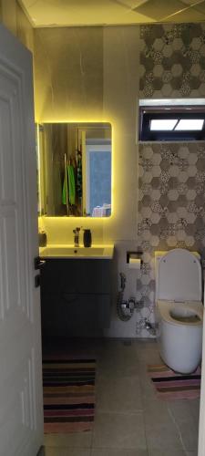 a bathroom with a toilet and a sink and a mirror at Villa Vishnyovka in Baku