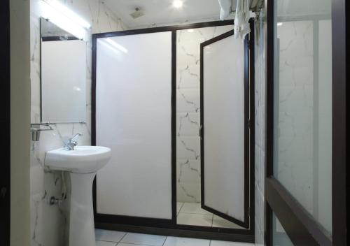 a bathroom with a shower and a sink and a toilet at Shagun Residency Panipat in Pānīpat