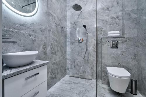 a bathroom with a shower and a toilet and a sink at Warmia Apartments in Olsztyn