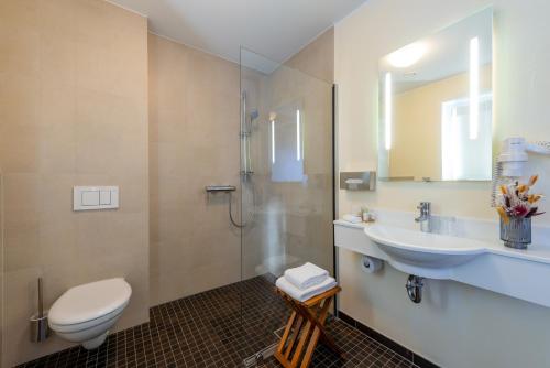 BlankenbachにあるBEHLs Genusshotel im Brennhausのトイレ、洗面台、シャワー付きのバスルーム