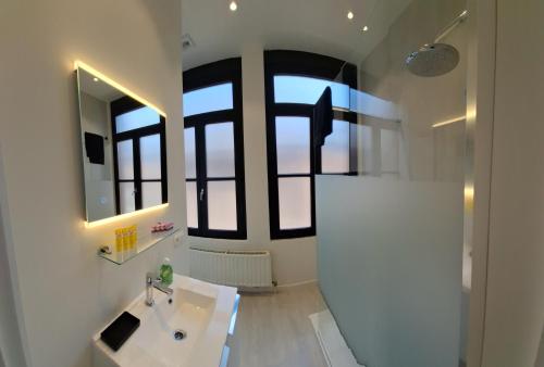 een badkamer met een wastafel en een spiegel bij Huis ALNA 3 in Mechelen