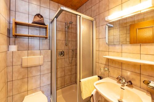 a bathroom with a shower and a sink and a toilet at Panorama Hotel CIS - bed and breakfast in Kartitsch