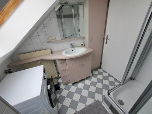 DörflaにあるFlataid Apartments Gössendorf/Magnaの洗面台と鏡のある小さなバスルーム