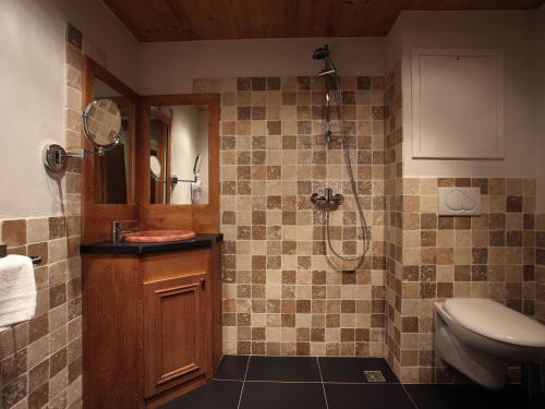 y baño con ducha y aseo. en Modern apartment located in the extensive Paradiski ski area, en Arc 2000