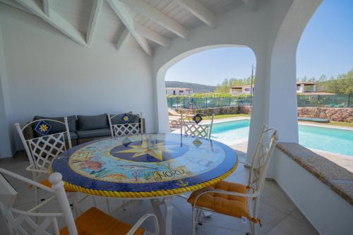 a patio with a table and chairs and a pool at Capannizza Villas in Budoni