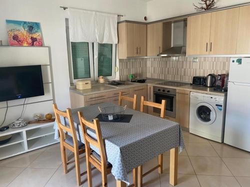 cocina con mesa y sillas y cocina con nevera en Apartment Alexis Stefanos, en Himare