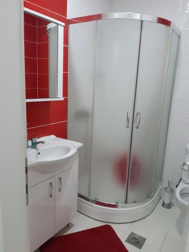 a bathroom with a shower and a sink at Moonlight Pent in Skopje