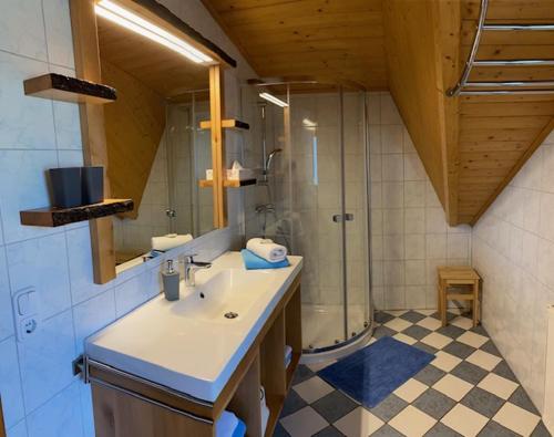 a bathroom with a sink and a shower at Essleggerhof in Fachau