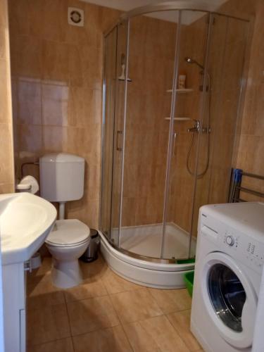 a bathroom with a shower and a toilet and a washing machine at Apartments Filippi in Korčula