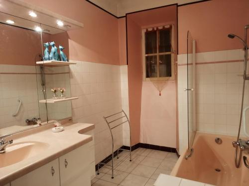 une salle de bain avec un lavabo, une douche et une baignoire dans l'établissement Mas du Bosc, à Rosières