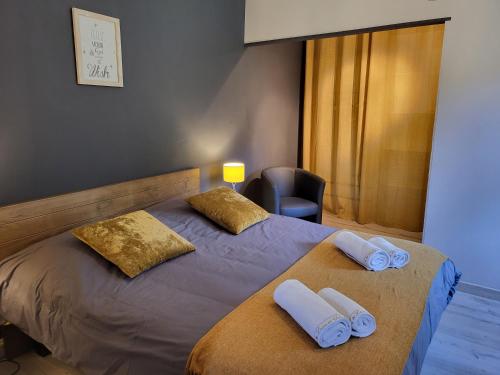 ein Schlafzimmer mit einem Bett mit zwei Kissen und einem Stuhl in der Unterkunft Le champ neuf in Saint-Julien-des-Points
