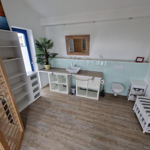 a bathroom with a sink and a toilet at Bodden-Adler in Fuhlendorf