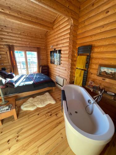 ein Bad mit Badewanne und ein Bett in einem Zimmer in der Unterkunft Magnifique chalet avec SAUNA in Roubion