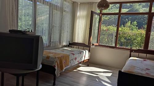 a bedroom with a bed and a tv and windows at Ayten's Sweet House in Trabzon