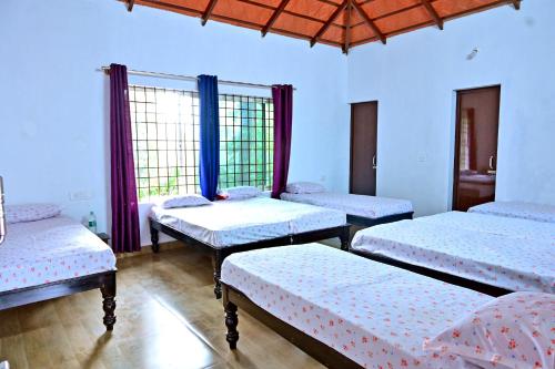 a room with four beds in a room with windows at Coffee Crown Homestay - Water Falls, Trek, Home Food, Estate in Sakleshpur