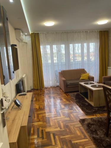 een woonkamer met een bank en een houten vloer bij Stan u centru, Loznica in Loznica