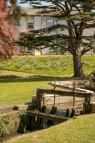 a bench in a park with a tree and a house at Farlam Hall Hotel & Restaurant in Brampton