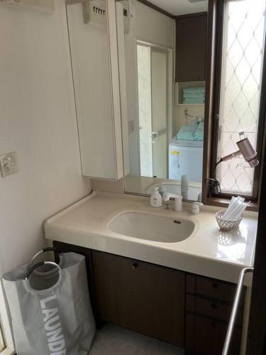 a bathroom with a sink and a large mirror at 貸別荘せせらぎ in Taga