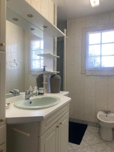 une salle de bain avec un lavabo et un miroir et des toilettes dans l'établissement Maison de vacances au Pouliguen, au Pouliguen