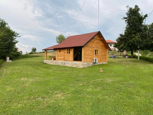 a house in a field with a dog in front of it at Vikendica Milošević in Arandjelovac