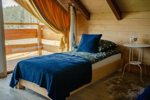 a bedroom with a bed with blue sheets and a window at Beskidzka Oaza in Istebna