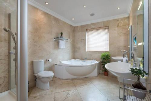 a bathroom with a tub and a toilet and a sink at Luxury City Center Penthouse - Best Location in Galway