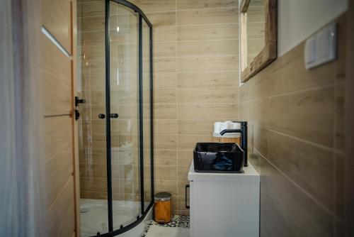 a bathroom with a shower with a glass door at Beskidzka Oaza in Istebna