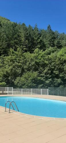 une piscine bleue avec une clôture et des arbres dans l'établissement T2 au cœur de la nature de Digne, à Digne-Les-Bains