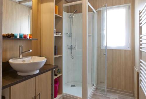 W łazience znajduje się szklana kabina prysznicowa i umywalka. w obiekcie Chalet nature proche lac et à 20 mn des plages en Vendée w mieście La Chapelle-Hermier