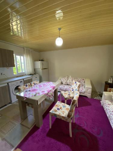 Erdemli的住宿－Güray’ın Dünyası，配有桌椅和厨房的房间