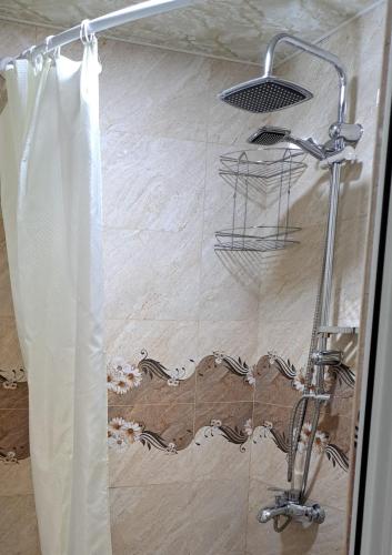 a shower with a shower curtain in a bathroom at Guest House David's B&B in Gyumri