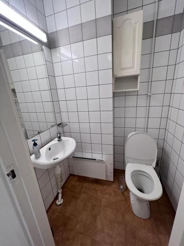 un piccolo bagno con servizi igienici e lavandino di Room in central location a Oslo