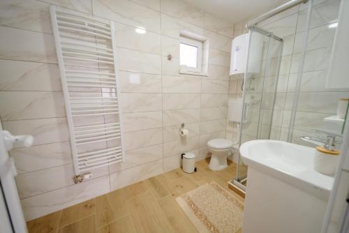 een witte badkamer met een toilet en een wastafel bij Apartmani Šarović Tara 3 in Rača