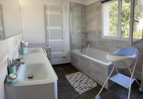 une salle de bain avec une baignoire et un lavabo et une baignoire dans l'établissement La villa des quais de Seine et jacuzzi prox Paris, à Sartrouville