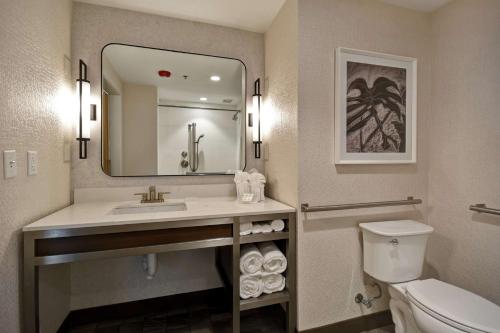 a bathroom with a sink and a toilet and a mirror at Hilton Garden Inn Jackson in Jackson