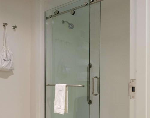 a shower with a glass door in a bathroom at Hampton Inn Green Bay Downtown in Green Bay