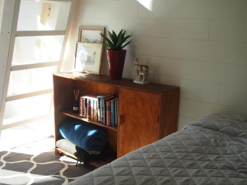 un estante de libros con una planta al lado de una cama en Söderstrand B&B, en Suur Ahvenkoski