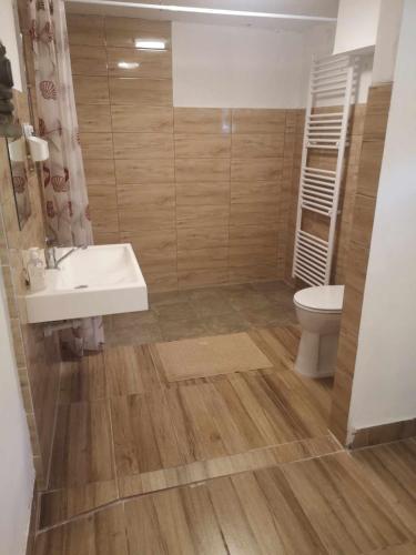 a bathroom with a sink and a toilet at Agapé Vendégház in Cserépfalu