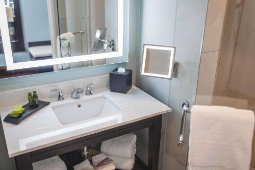a bathroom with a sink and a mirror at The Cotton Sail Hotel Savannah - Tapestry Collection by Hilton in Savannah
