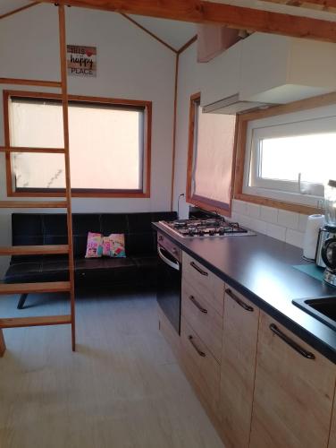 a kitchen with a stove and a counter top at Tiny House Cluj with Jacuzzi in Sînnicoară