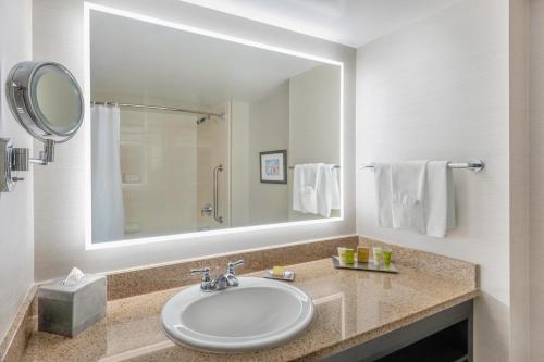 a bathroom with a sink and a mirror at Hilton Vancouver Metrotown in Burnaby
